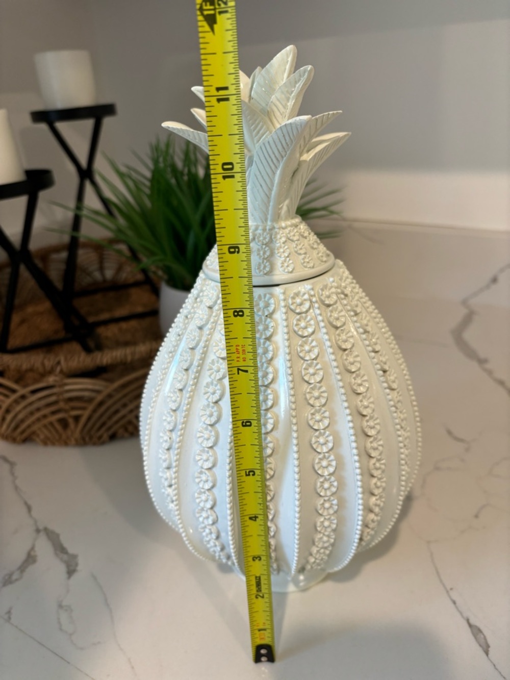 Nate Berkus Lacquer Pineapple White Decor Piece Removable Lid Floral 11”x 6”